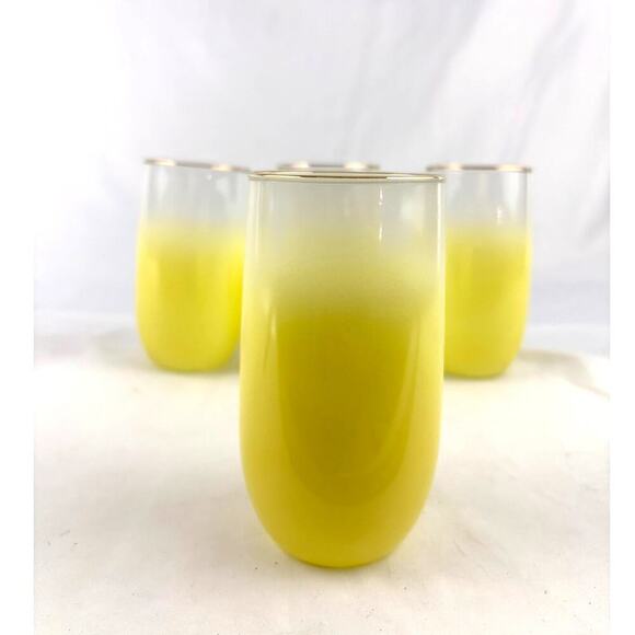 Mid Century Vintage Blendo Yellow Frosted Glass Cocktail Set of 4 Gold Rim 1950s - Picture 15 of 16